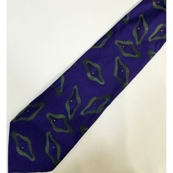 Ike Behar Mens Purple Green Geometric Silk Necktie 59" Made In Italy Vintage - Picture 1 of 5